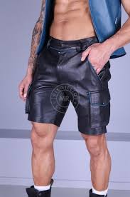 black leather cargo short jeans bleu piping
